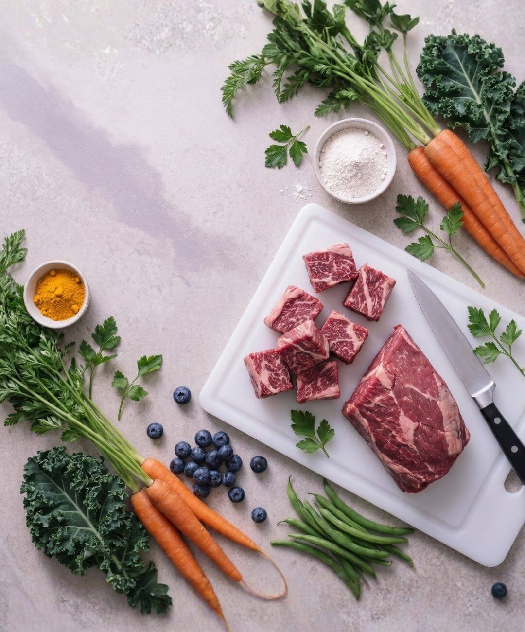 Ingredientes frescos em preparo para alimentação natural de cães e gatos
